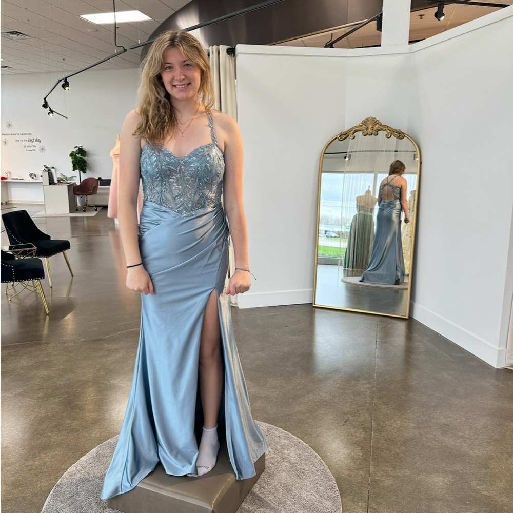 Cecilia Couture powder blue sequin lace silk dress prom evening gown 8 like new